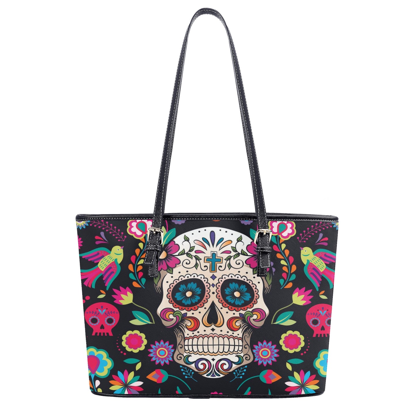 Dia de los muertos sugar skull calaveras Leather Tote Bags