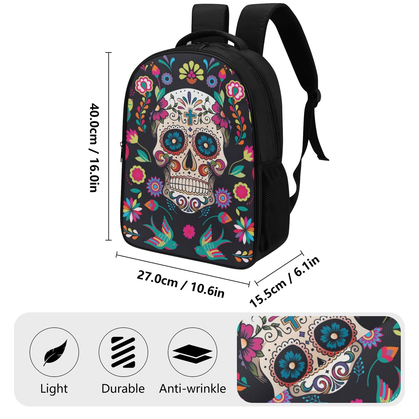 Sugar skull Day of the dead Halloweeen gothic 16 Inch Dual Compartment School Backpack