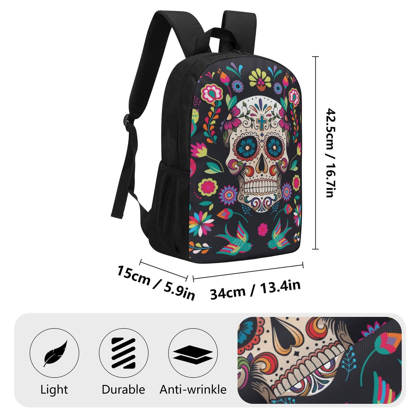 Sugar skull Day of the dead Halloweeen gothic 17 Inch School Backpack