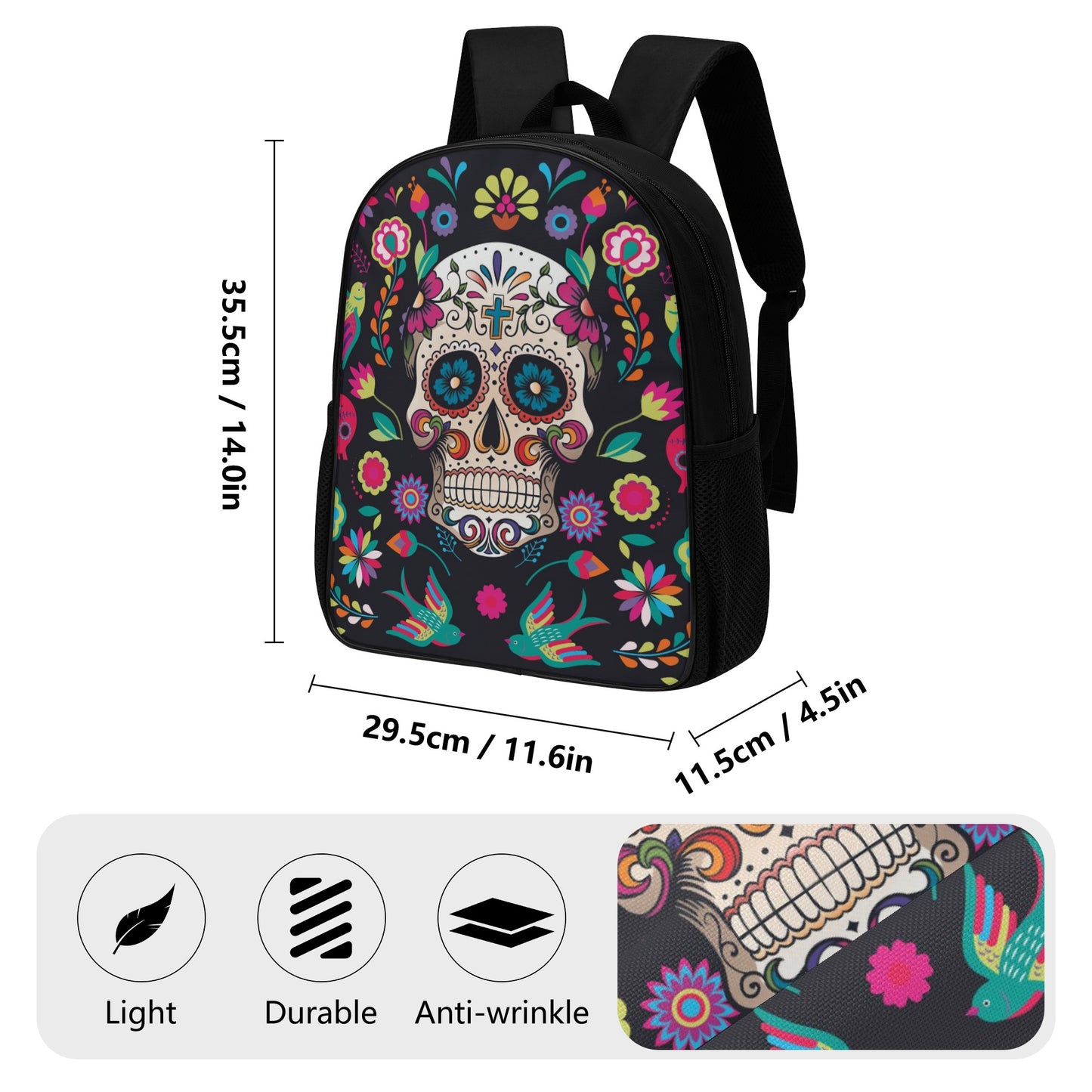 Dia de los muertos gothic Halloween Mexican skull 14 Inch Nylon Backpack