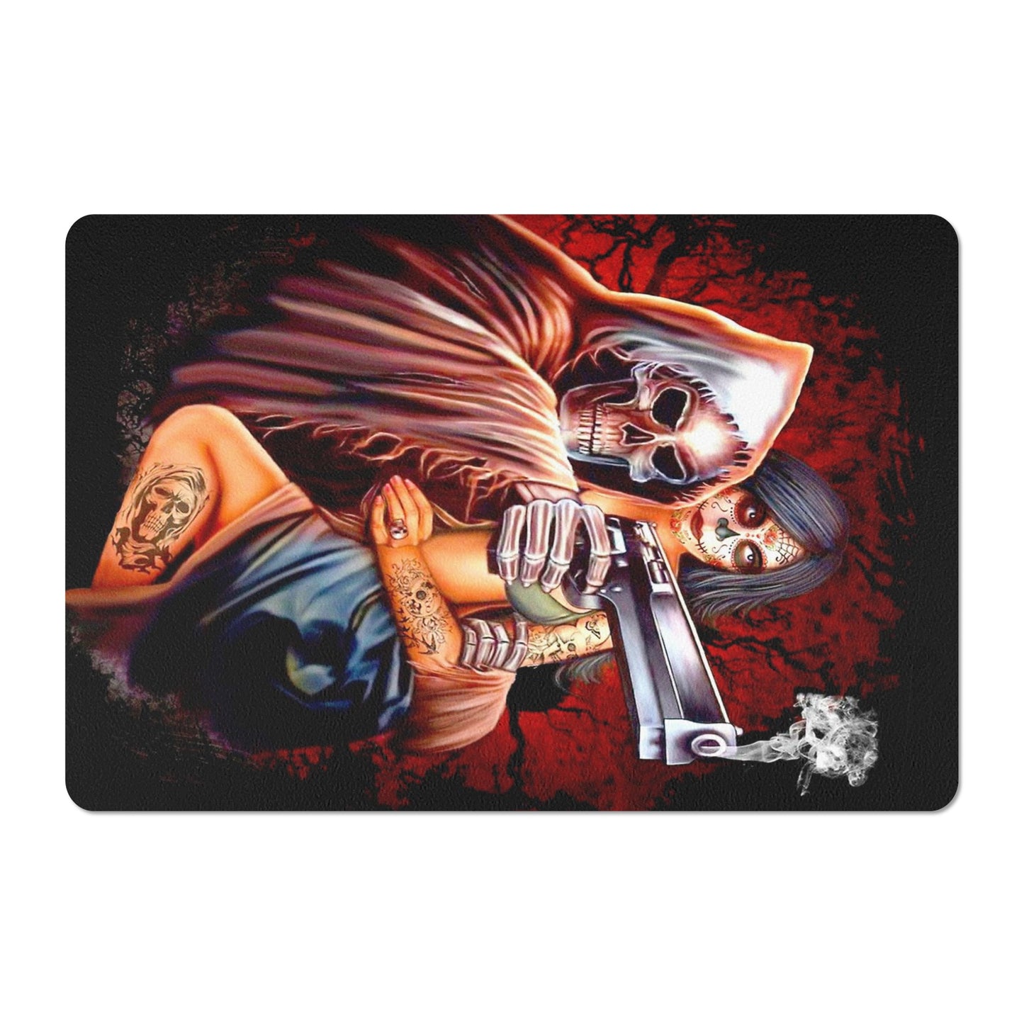 Gothic grim reaper and girls Rubber Door Mat