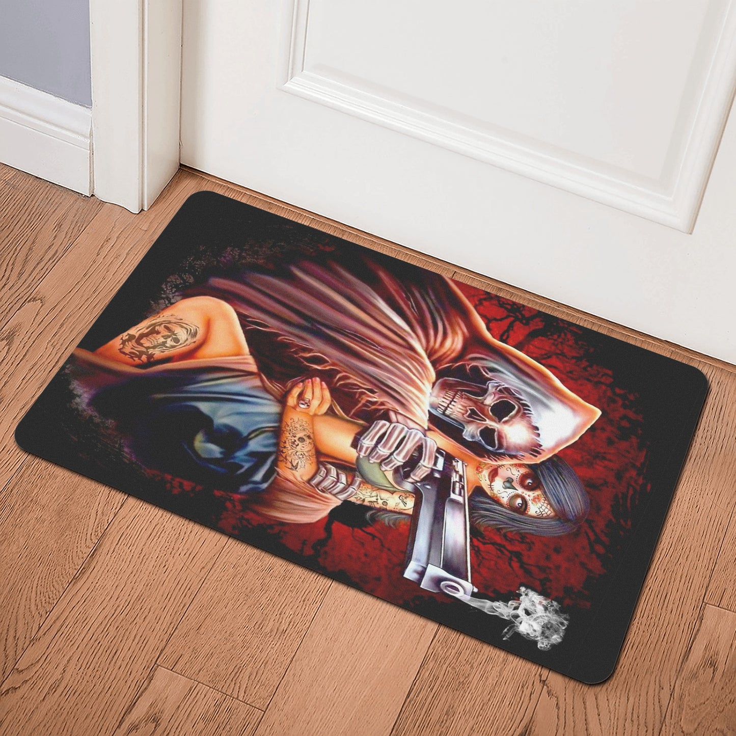 Gothic grim reaper and girls Rubber Door Mat