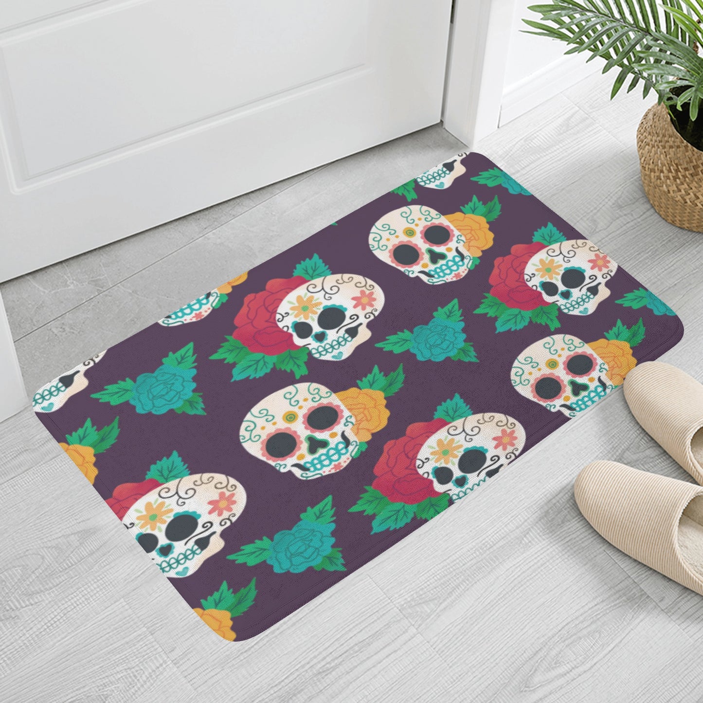 Floral day of the dead skull Plush Doormat