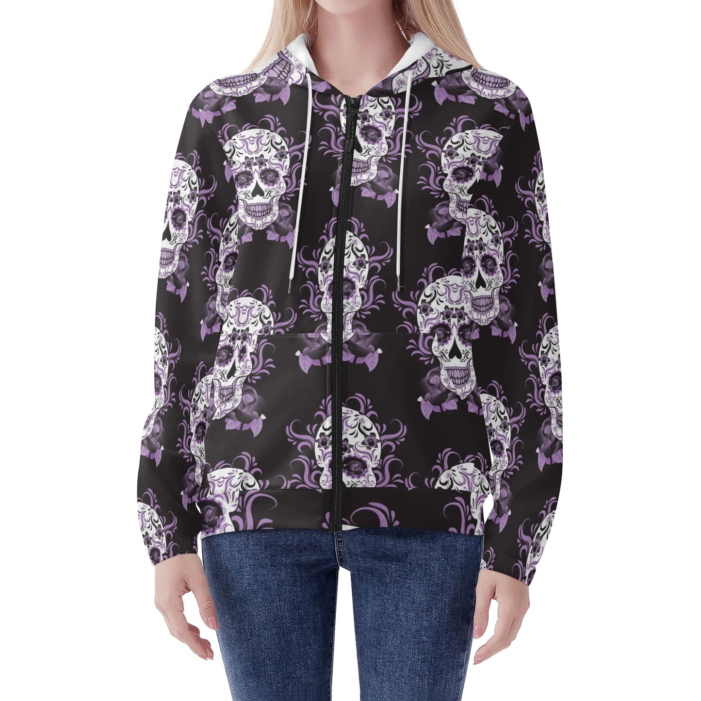 Day of the dead sugar skull calavears Women's Lightweight Zipper Jumper Sweatshirt Hoodie