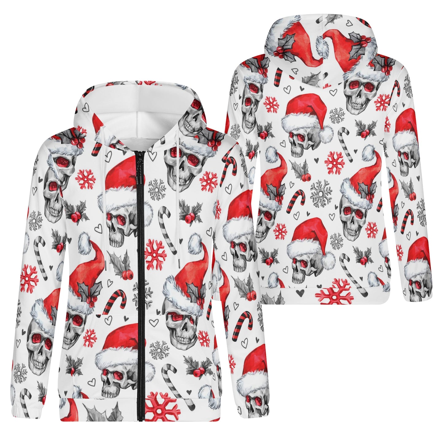 Skull santan clause Women's Lightweight Zipper Jumper Sweatshirt Hoodie