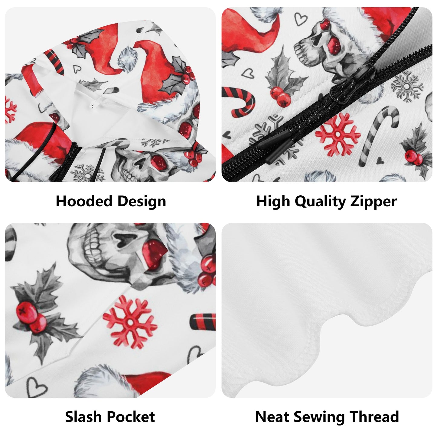 Skull santan clause Women's Lightweight Zipper Jumper Sweatshirt Hoodie