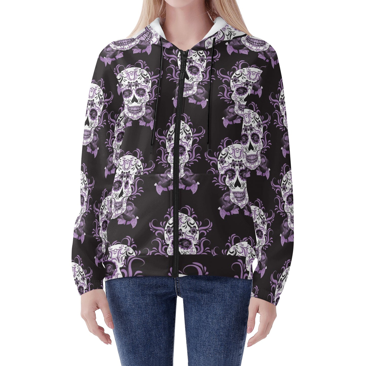 Day of the dead sugar skull calavears Women's Lightweight Zipper Jumper Sweatshirt Hoodie