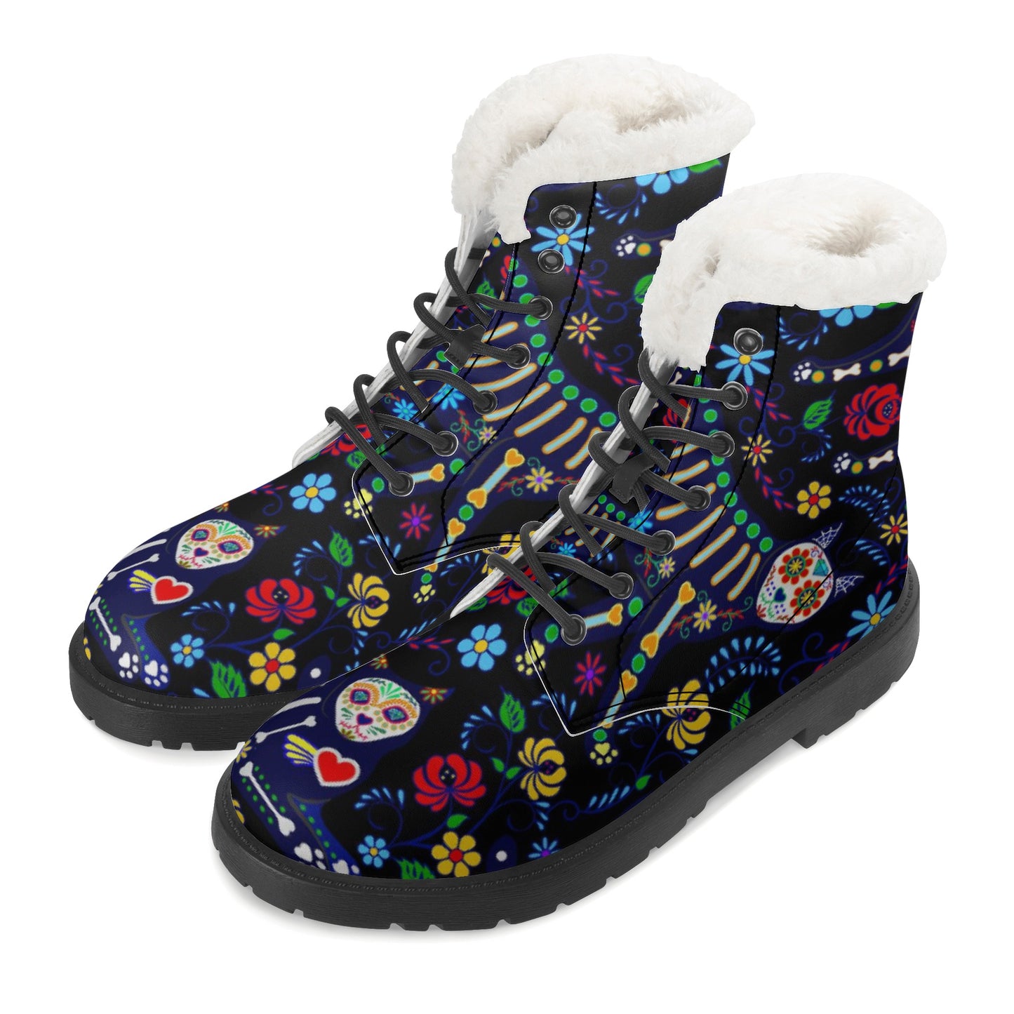 Animal sugar skull Women's Faux Fur Leather Boots