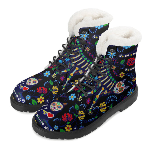 Animal sugar skull Women's Faux Fur Leather Boots