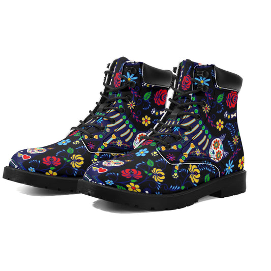 Cat dog sugar skull Women's All Season Leather Boots