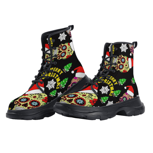 Merry Christmas sugar skull Women's Leather Chunky Boots