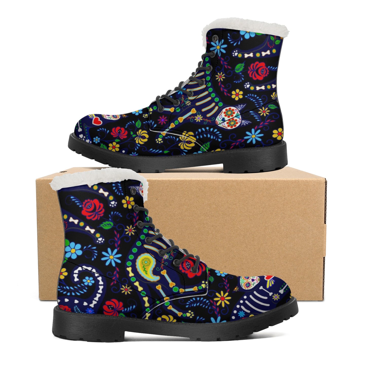 Animal sugar skull Women's Faux Fur Leather Boots