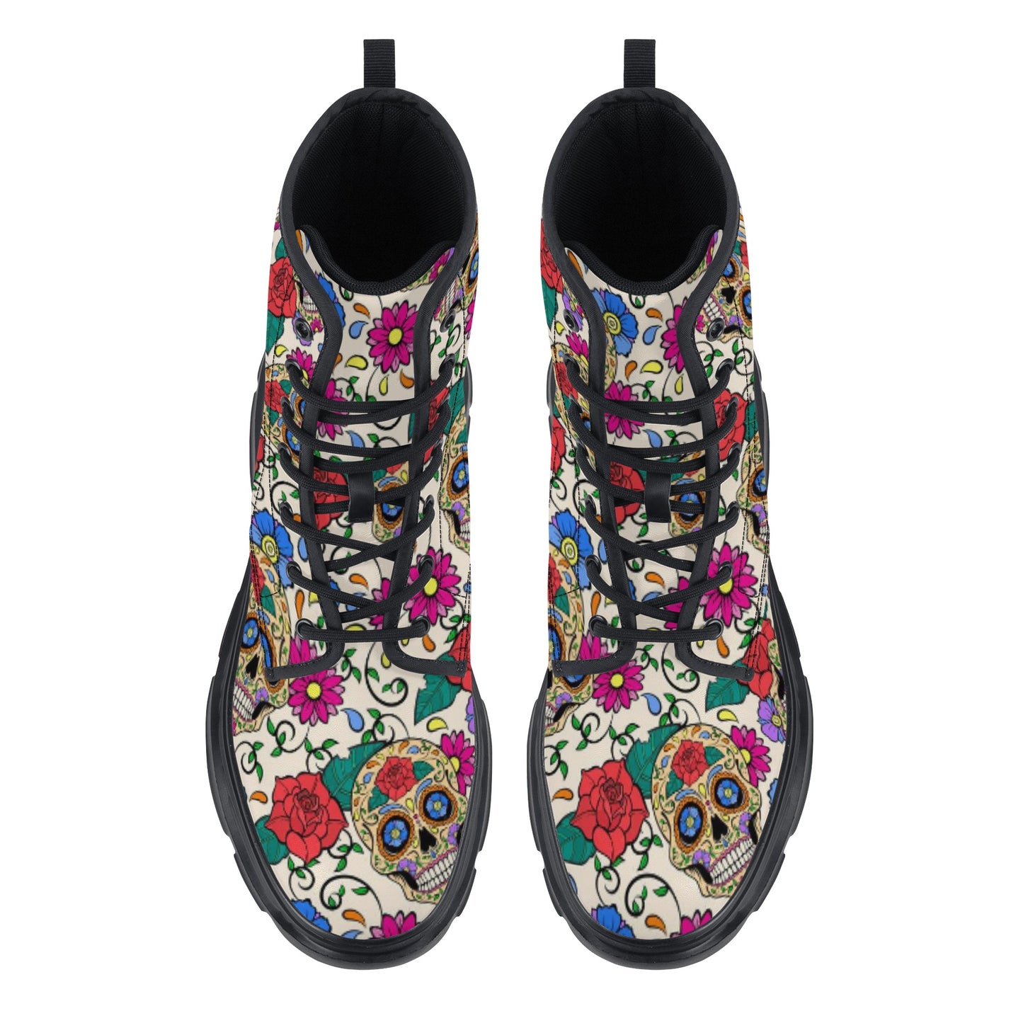 Floral sugar skull Women's Leather Chunky Boots