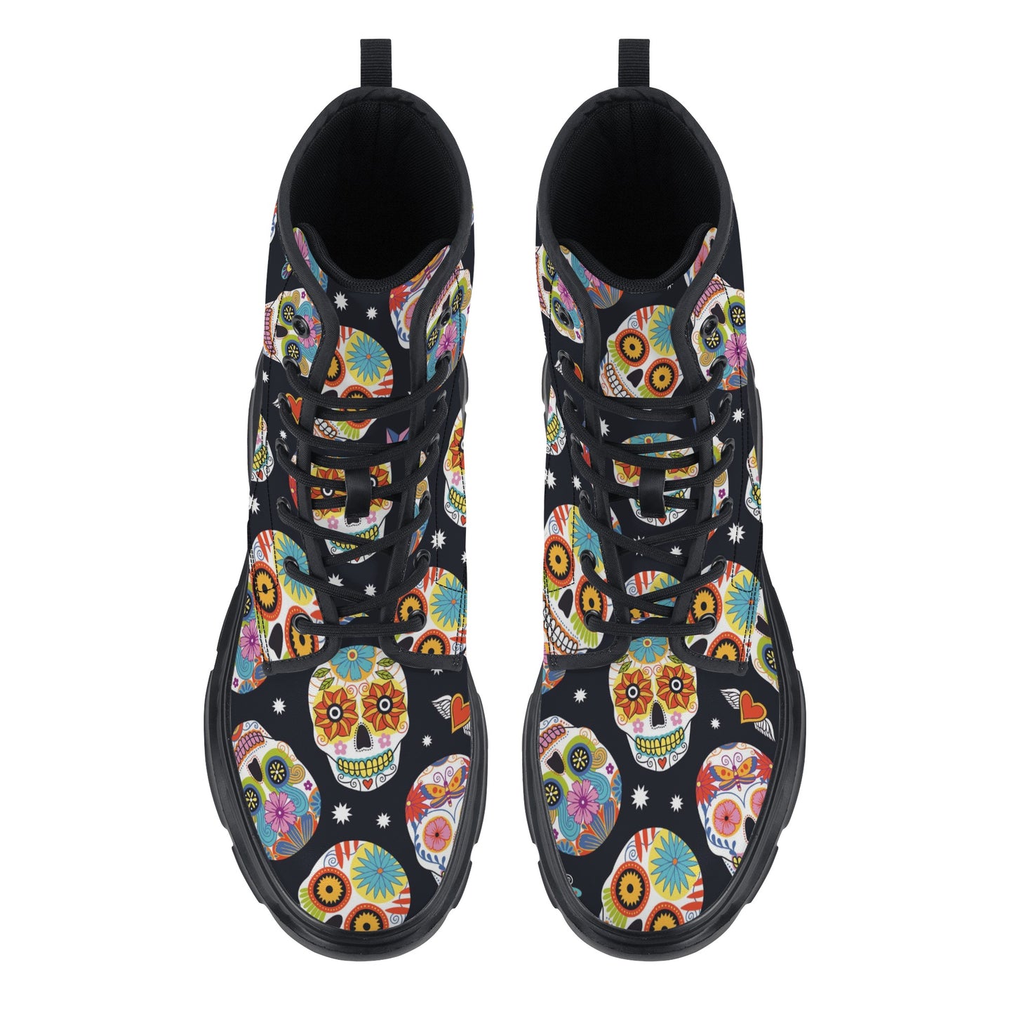 Day of the dead calaveras skull skeleton Women's Leather Chunky Boots