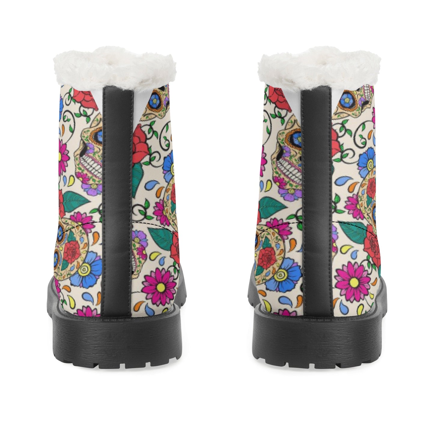 Floral gothic sugar skull Women's Faux Fur Leather Boots