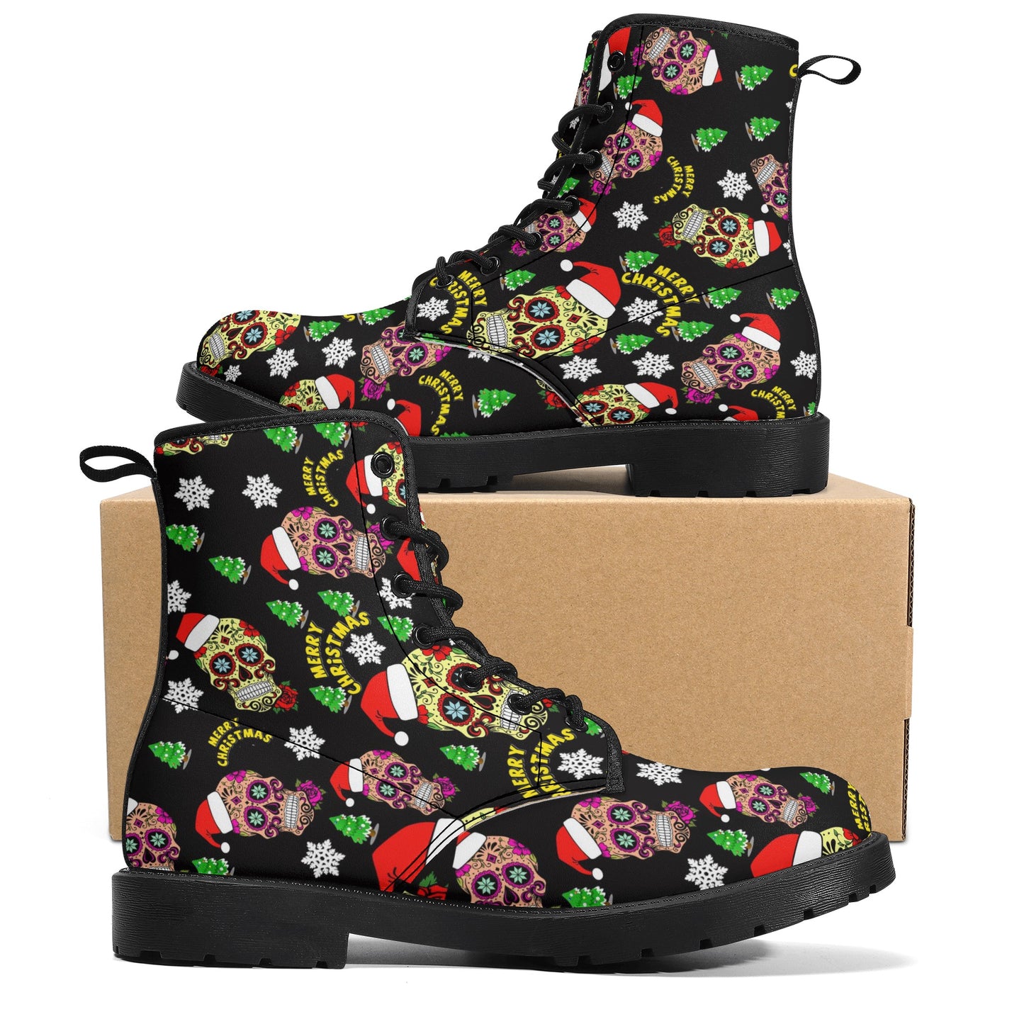 Merry christmas sugar skull Women's Leather Boots