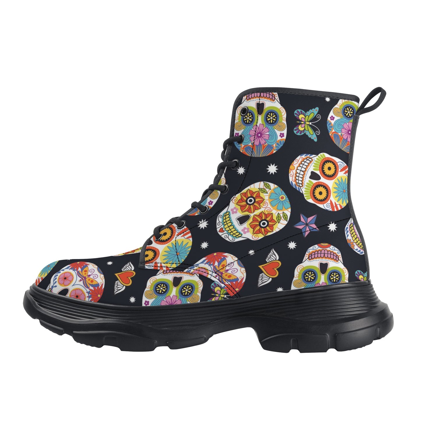 Day of the dead calaveras skull skeleton Women's Leather Chunky Boots