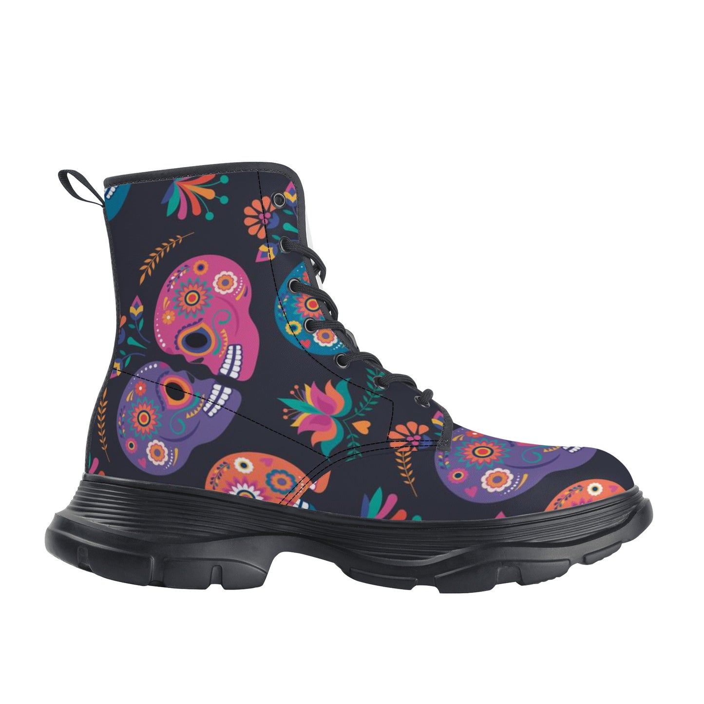 Sugar skull love Women's Leather Chunky Boots