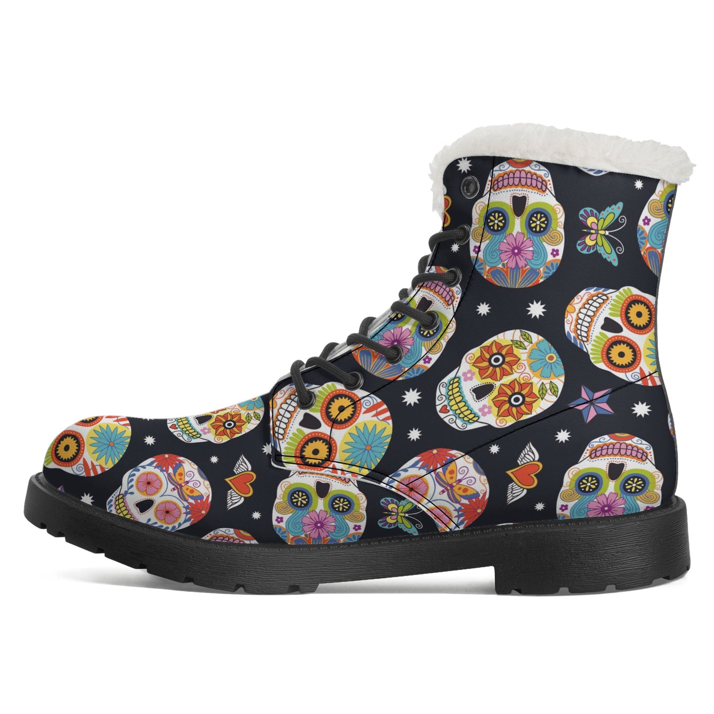 Sugar skull gothic Women's Faux Fur Leather Boots