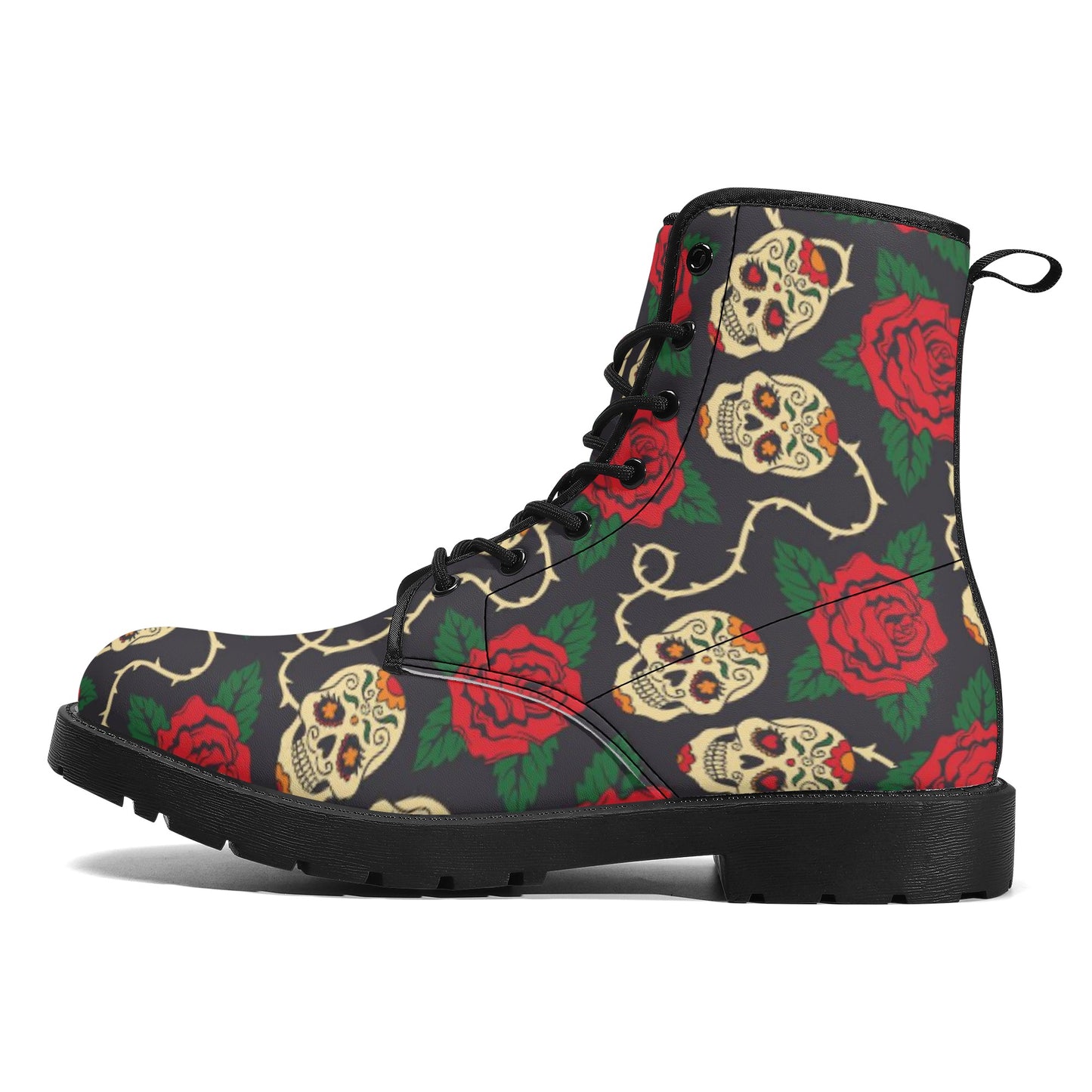 Floral sugar skull Gothic Halloween Women's Leather Boots