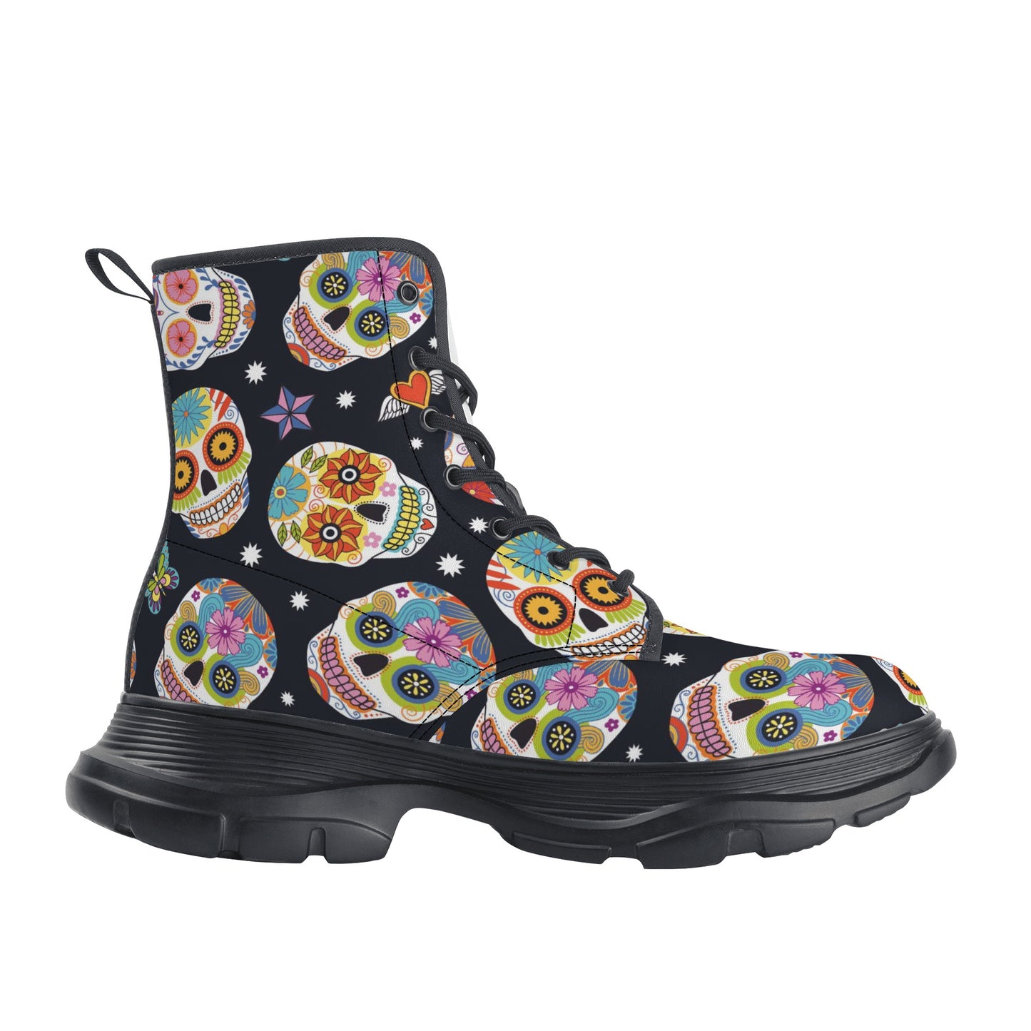 Day of the dead calaveras skull skeleton Women's Leather Chunky Boots