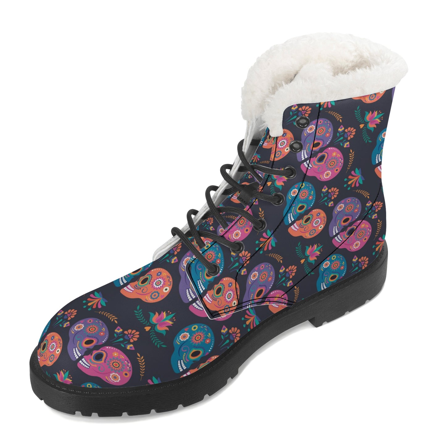 Beautiful sugar skull Women's Faux Fur Leather Boots