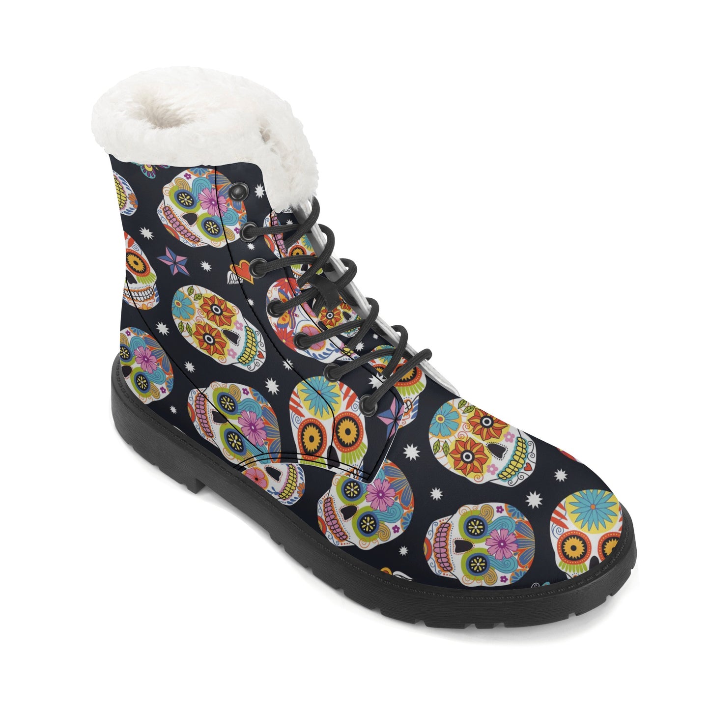 Sugar skull gothic Women's Faux Fur Leather Boots