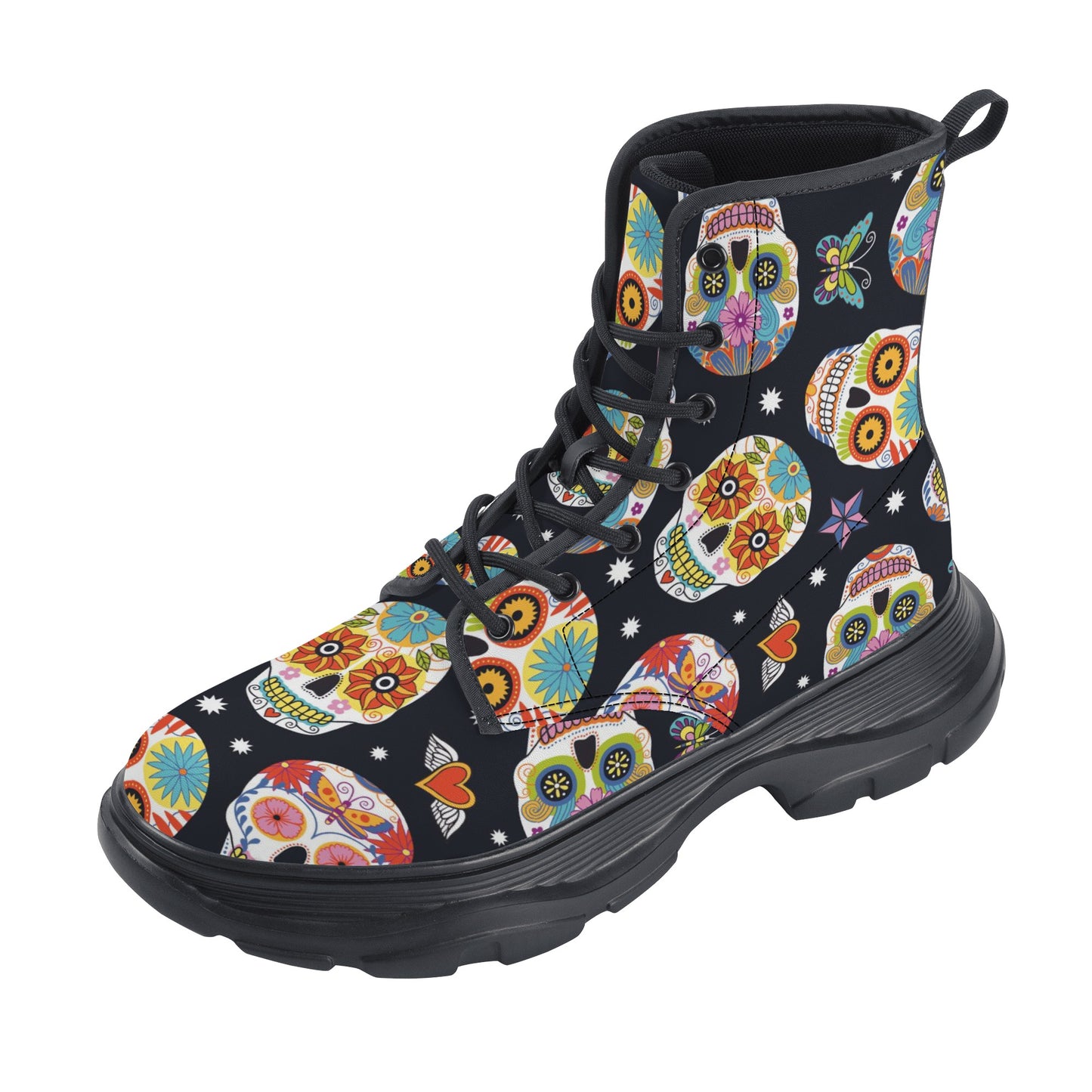 Day of the dead calaveras skull skeleton Women's Leather Chunky Boots