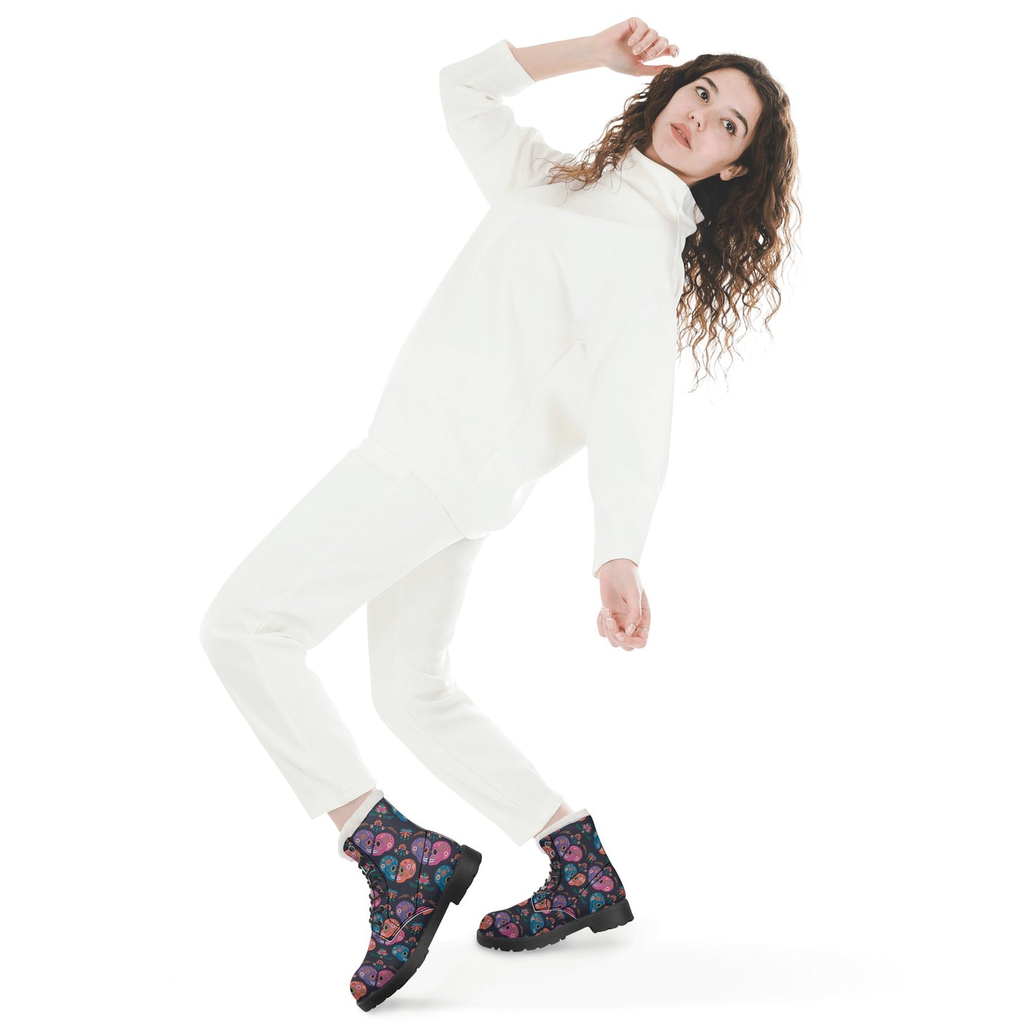 Beautiful sugar skull Women's Faux Fur Leather Boots