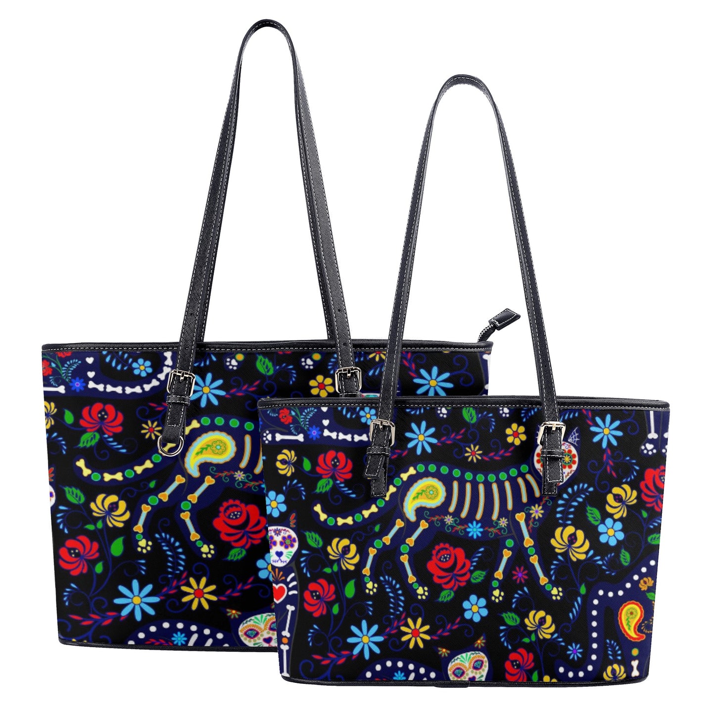 Cat sugar skull Leather Tote Bags