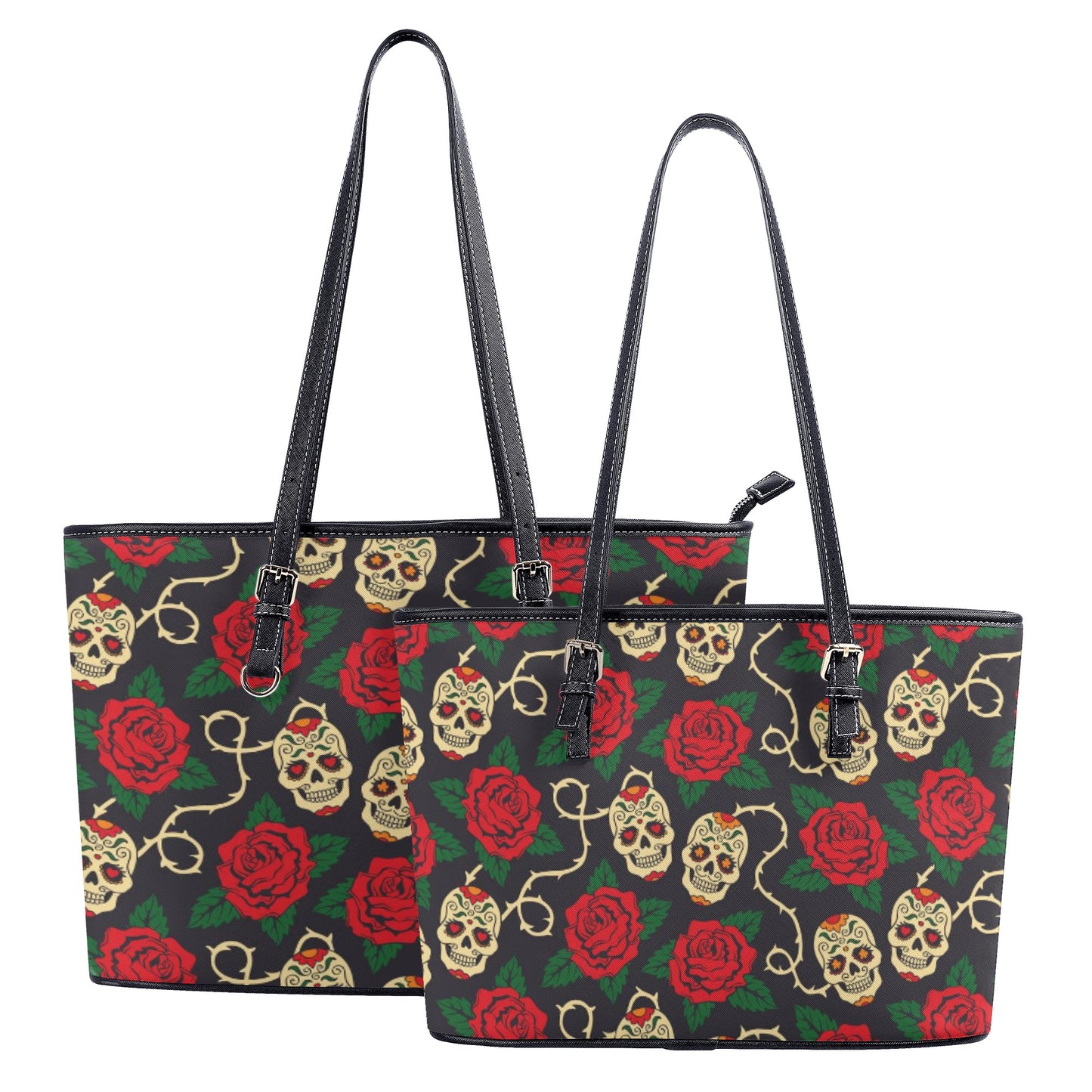 Floral sugar skull Leather Tote Bags