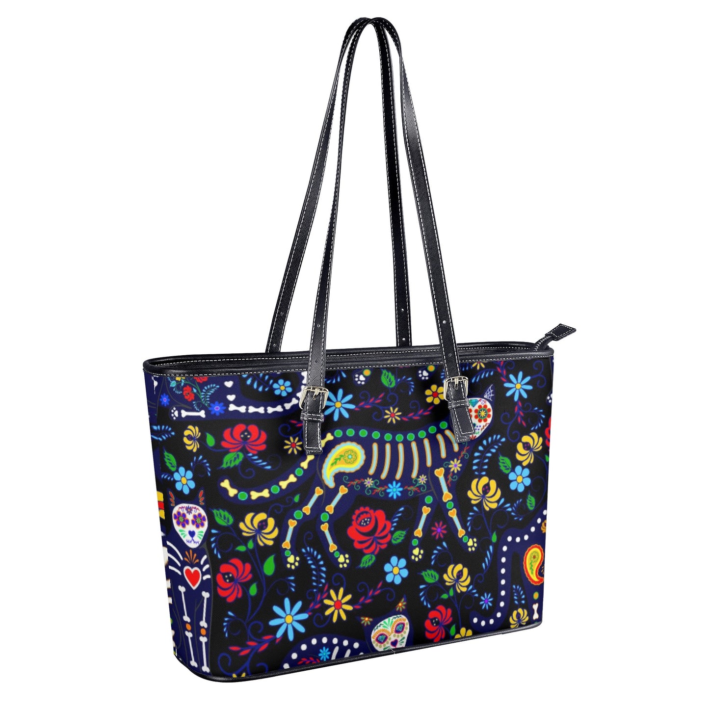 Cat sugar skull Leather Tote Bags