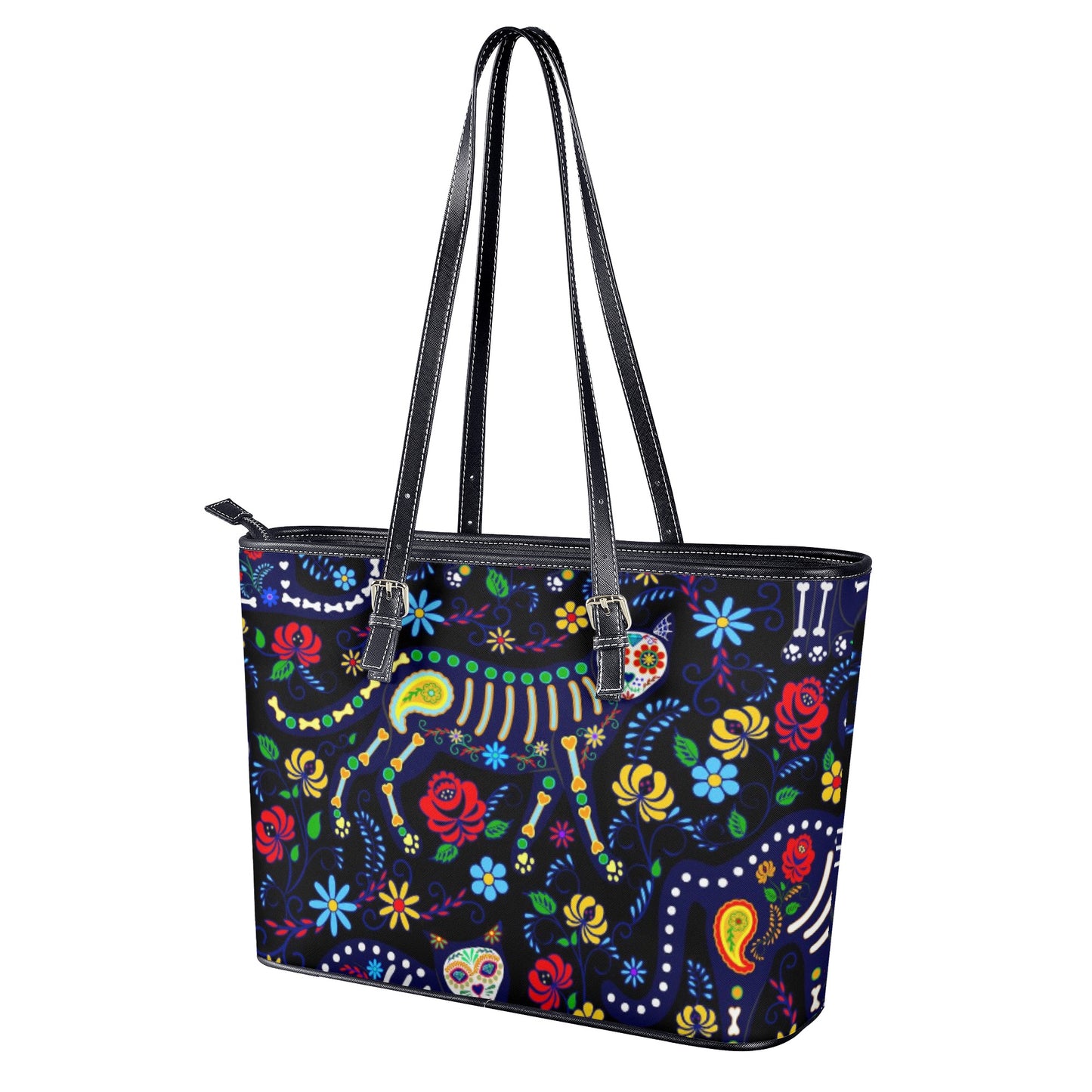 Cat sugar skull Leather Tote Bags