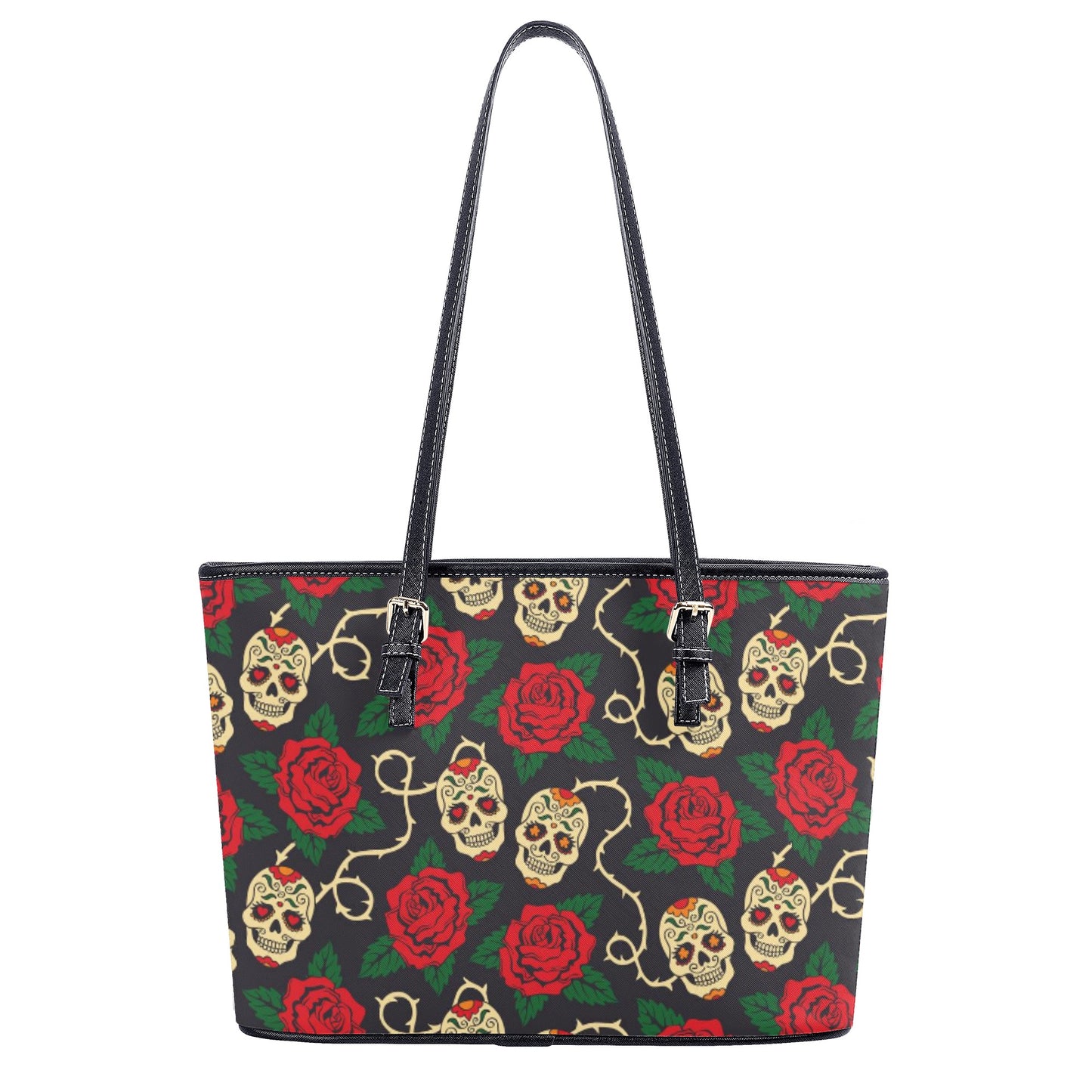 Floral sugar skull Leather Tote Bags