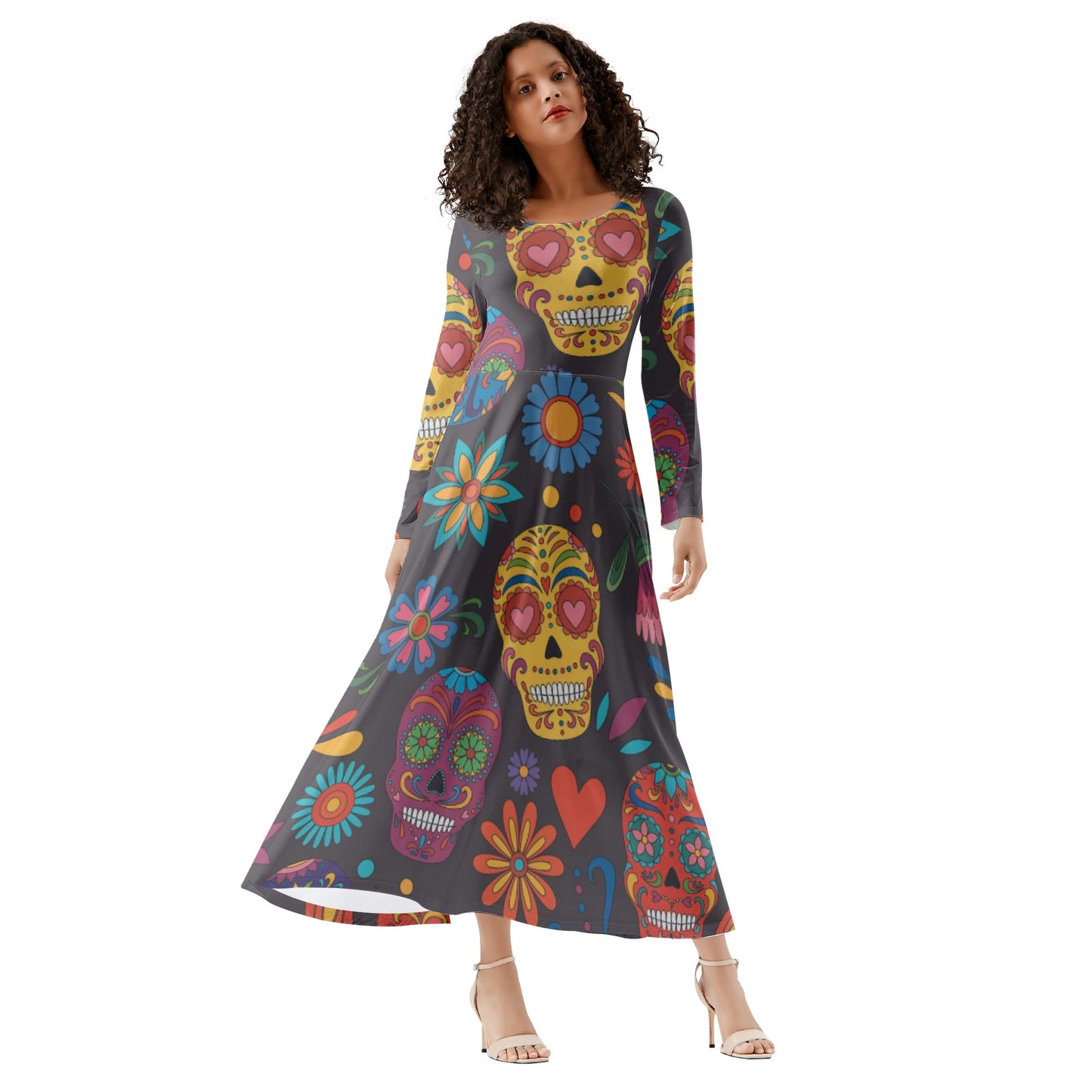 Sugar skull Day of the dead Mexican skull Women's Long Sleeve Dance Dress