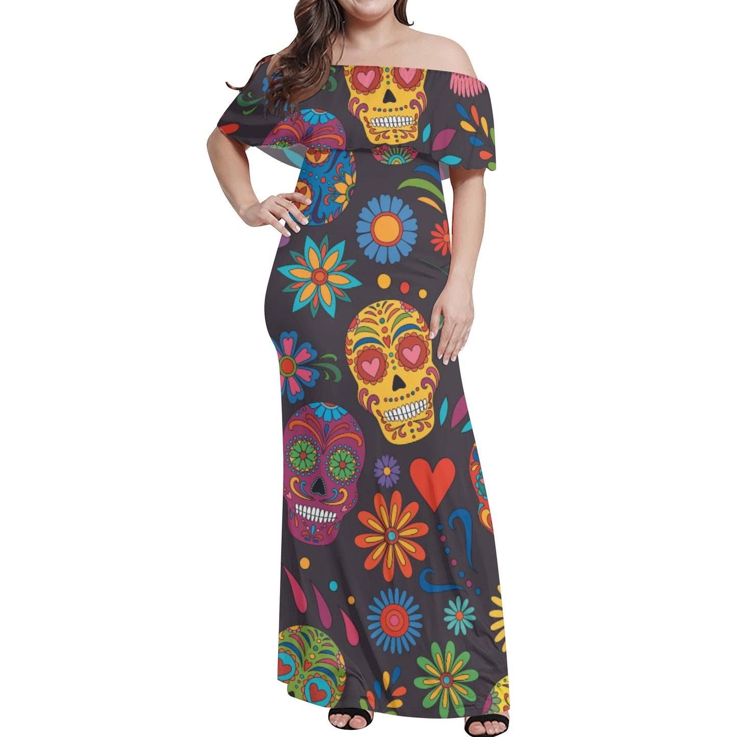 Sugar skull Day of the dead Mexican skull Women's Off-shoulder Long Dress