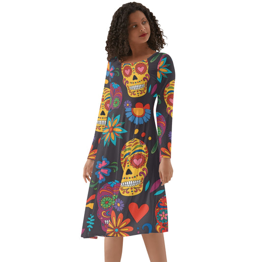 Sugar skull Day of the dead Mexican skull Women's Long Sleeve Ruffle Dress