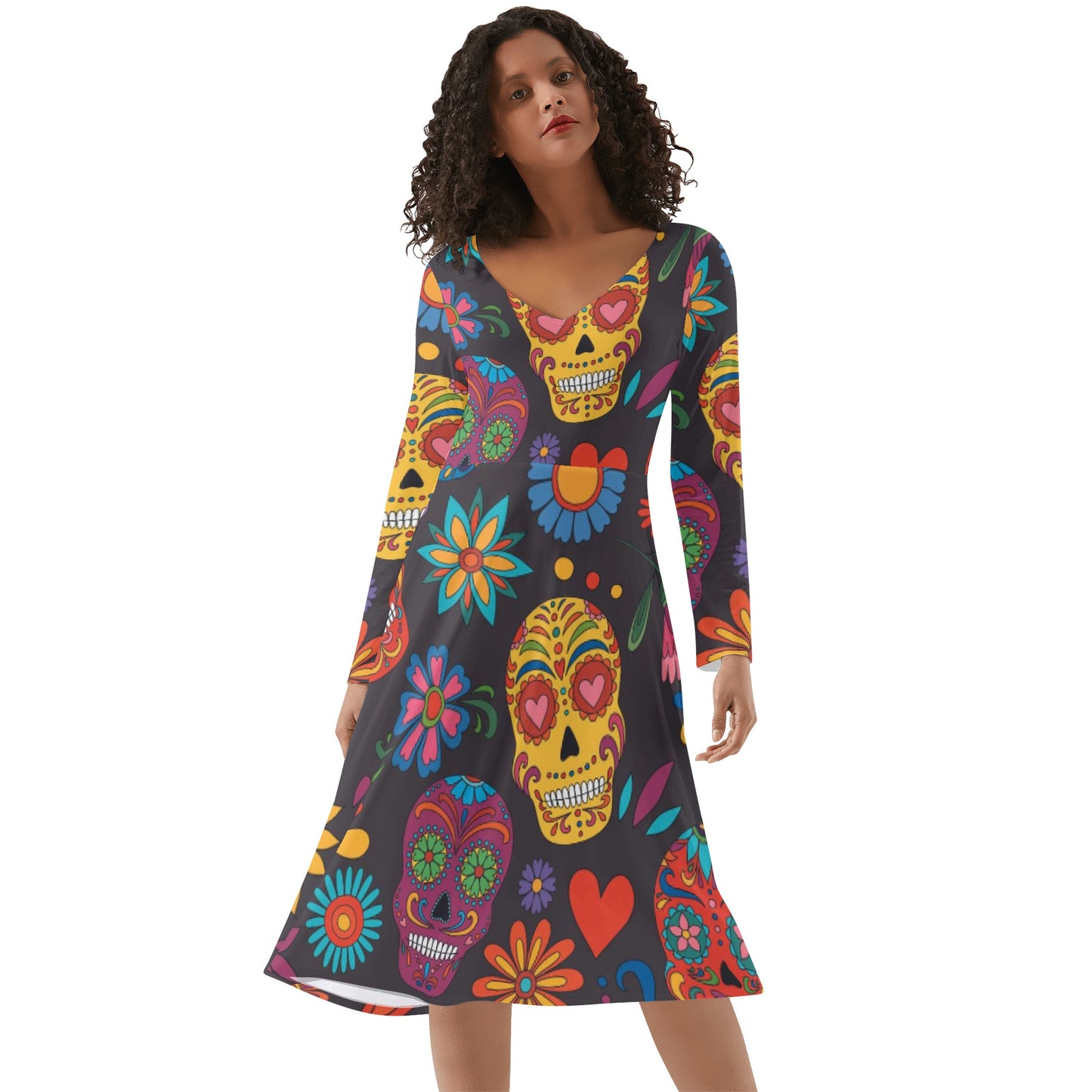 Sugar skull Day of the dead Mexican skull Women's V-Neck Long Sleeve Ruffle Dress