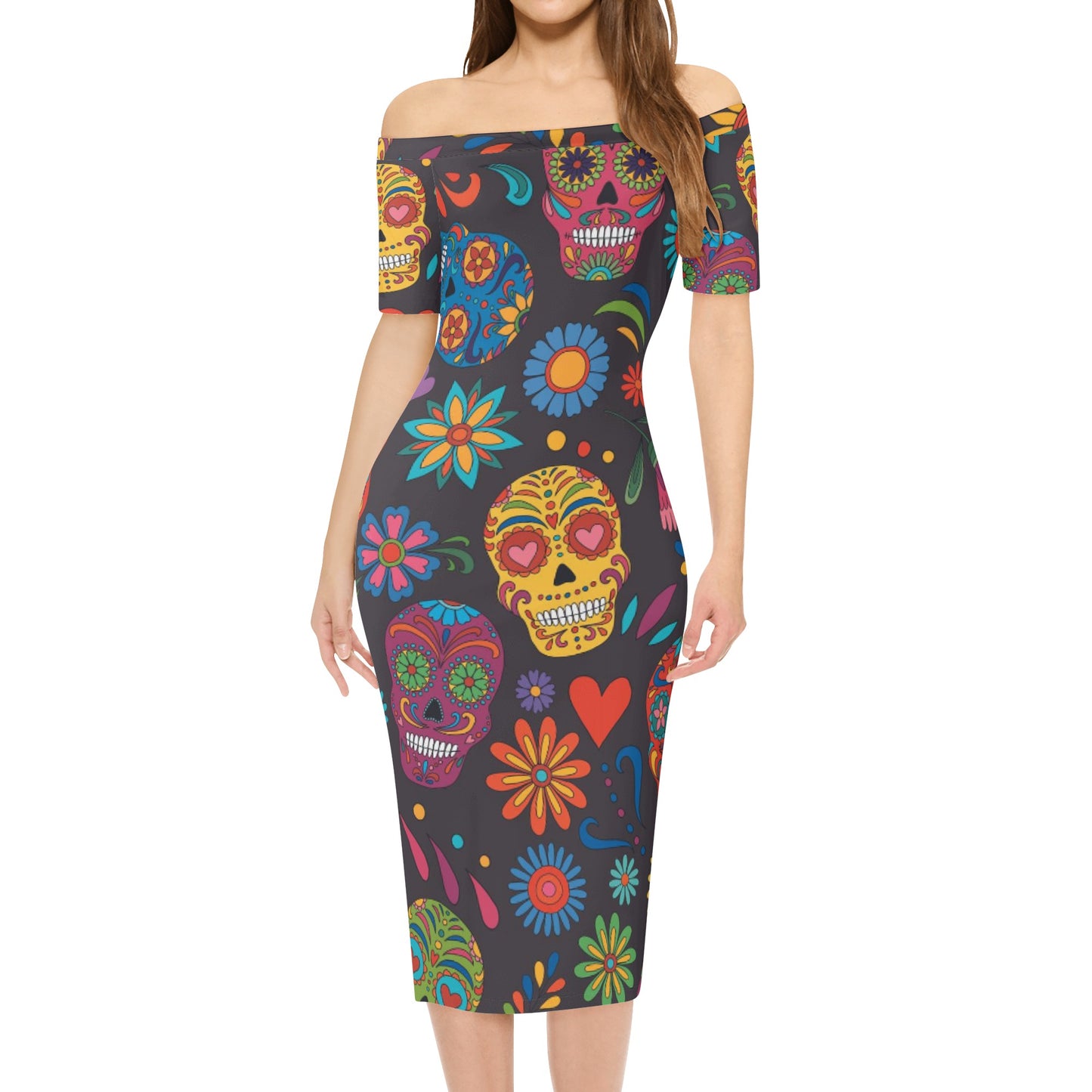 Sugar skull Day of the dead Mexican skull Women's Off The Shoulder Office Lady Dress