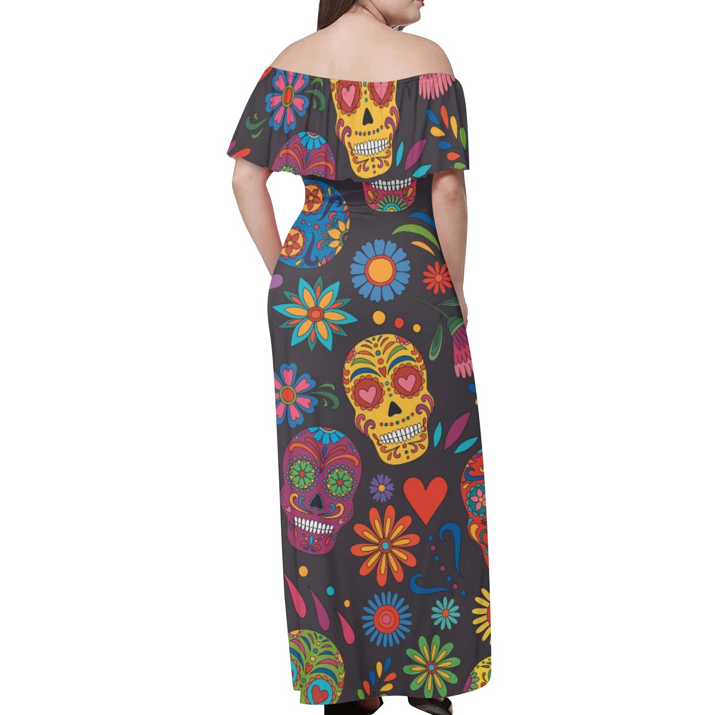 Sugar skull Day of the dead Mexican skull Women's Off-shoulder Long Dress