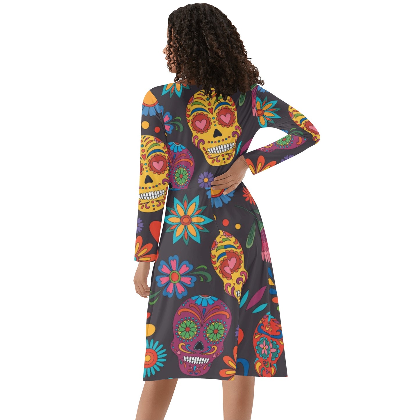 Sugar skull Day of the dead Mexican skull Women's Long Sleeve Ruffle Dress