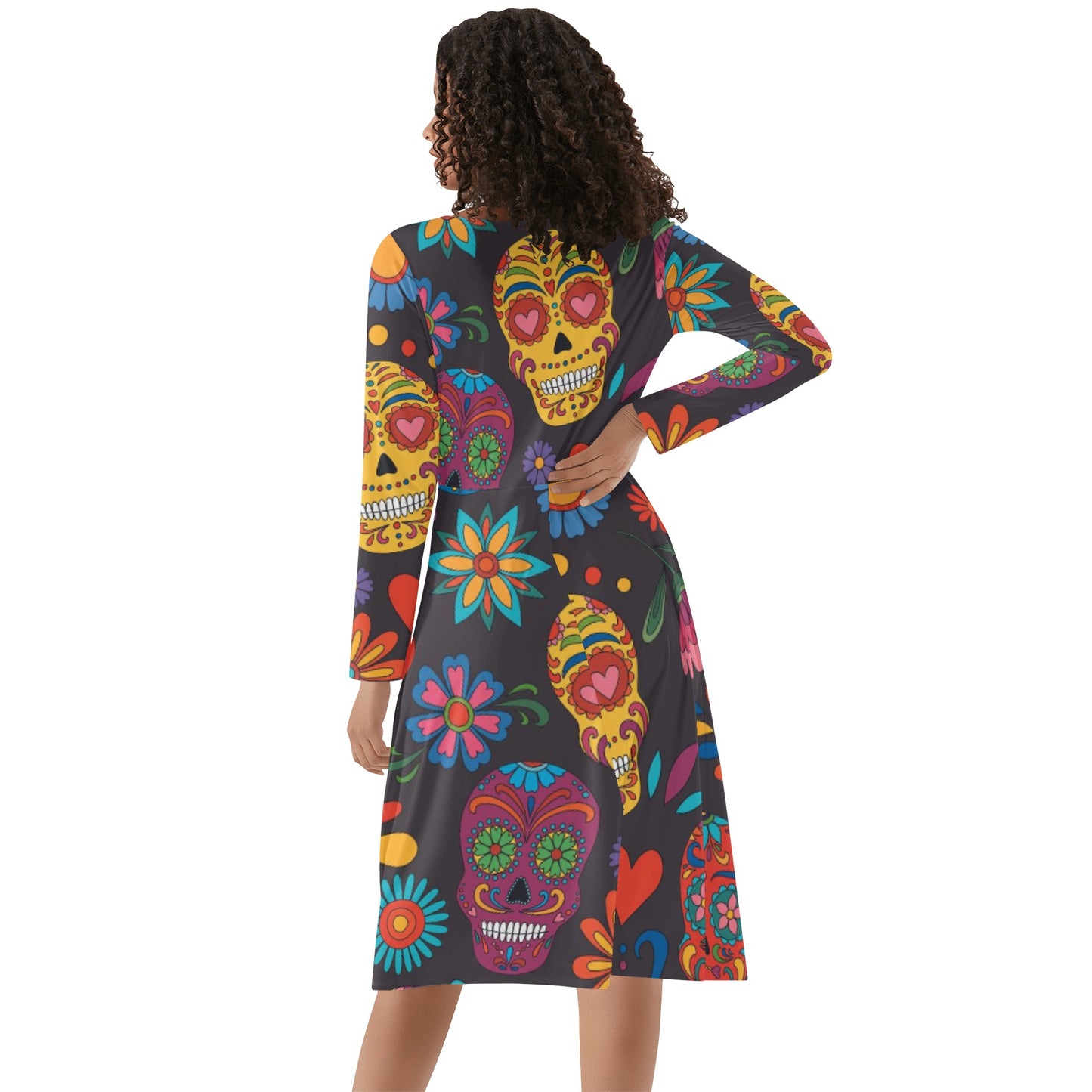 Sugar skull Day of the dead Mexican skull Women's V-Neck Long Sleeve Ruffle Dress