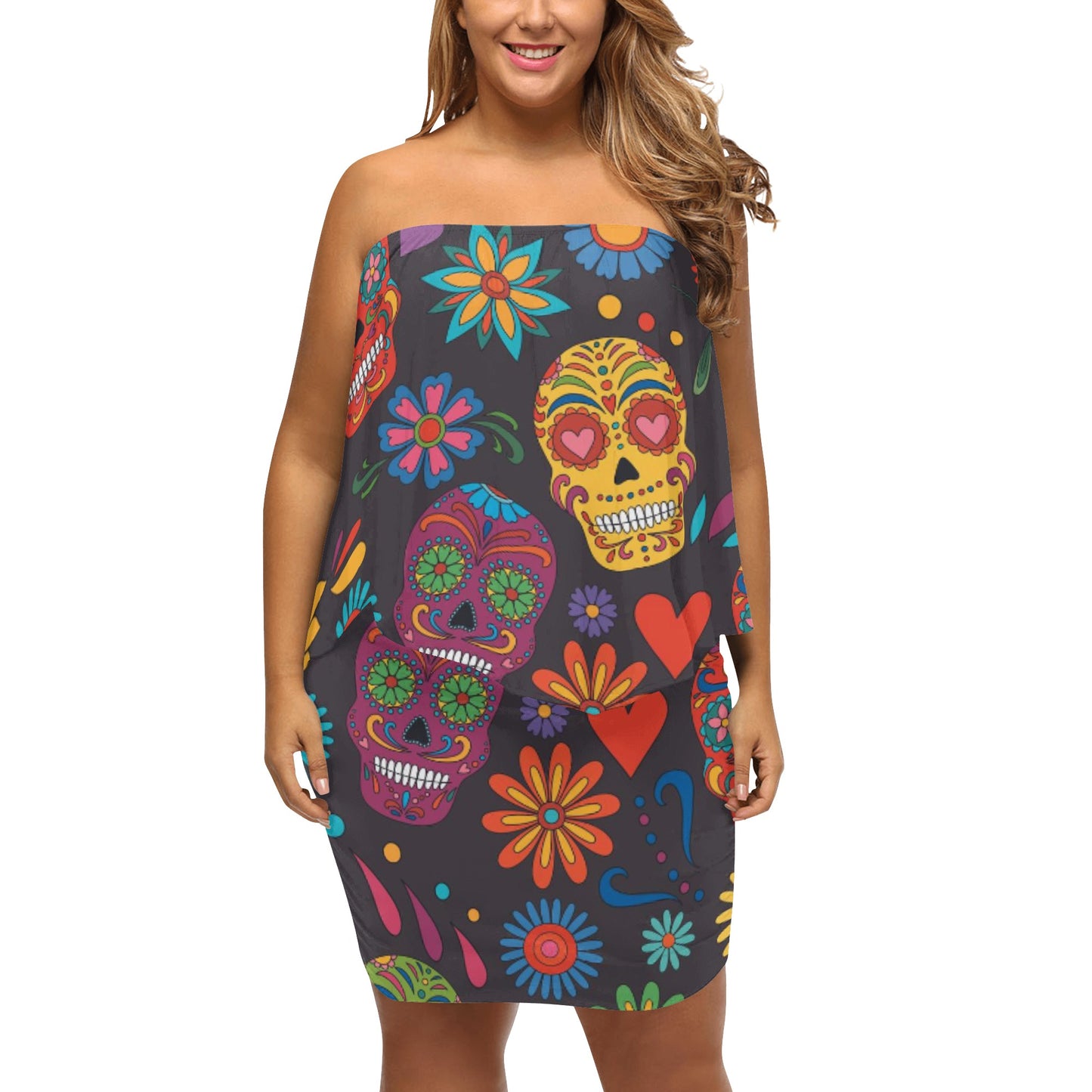 Sugar skull Day of the dead Mexican skull Women's Off-the-shoulder Tube Dress