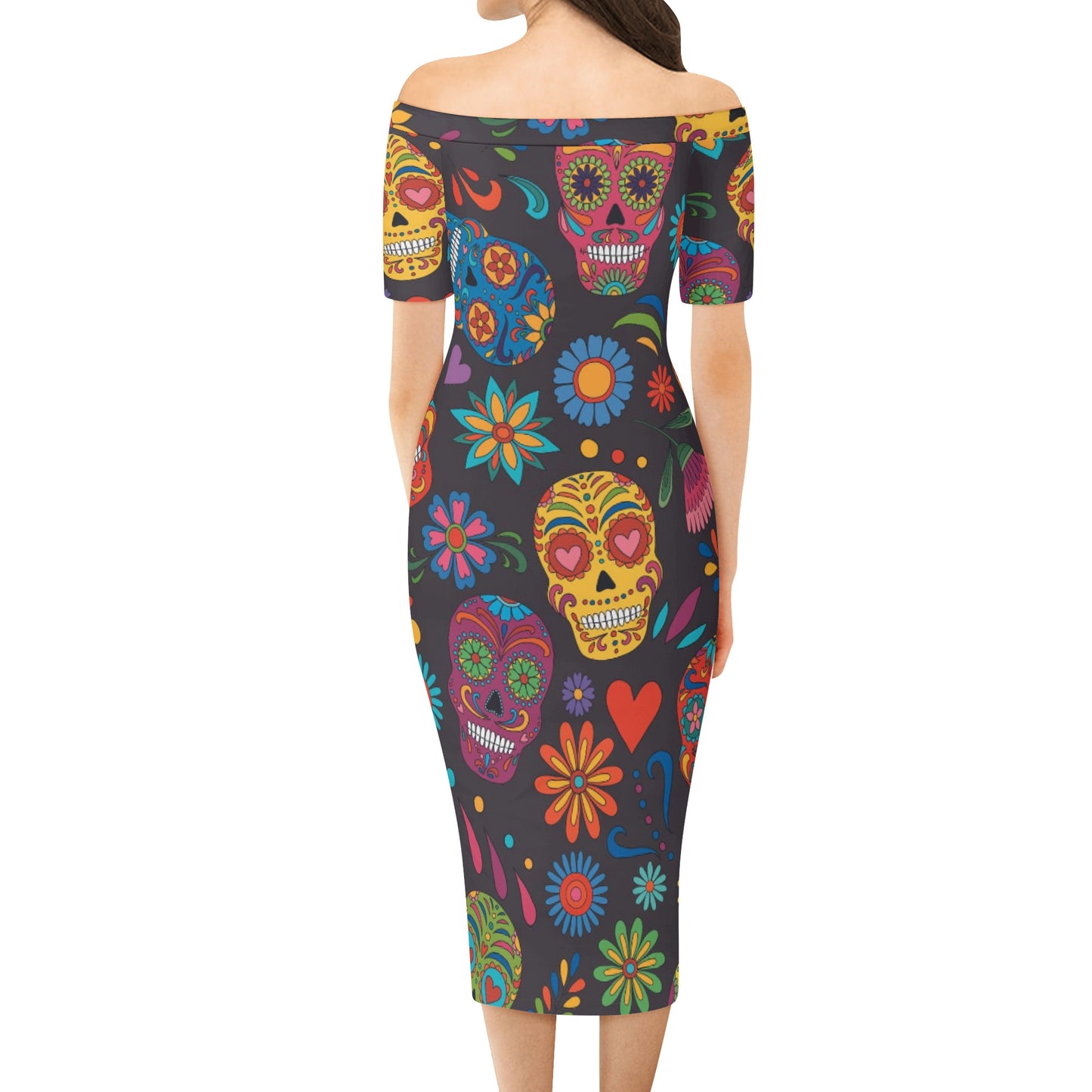 Sugar skull Day of the dead Mexican skull Women's Off The Shoulder Office Lady Dress