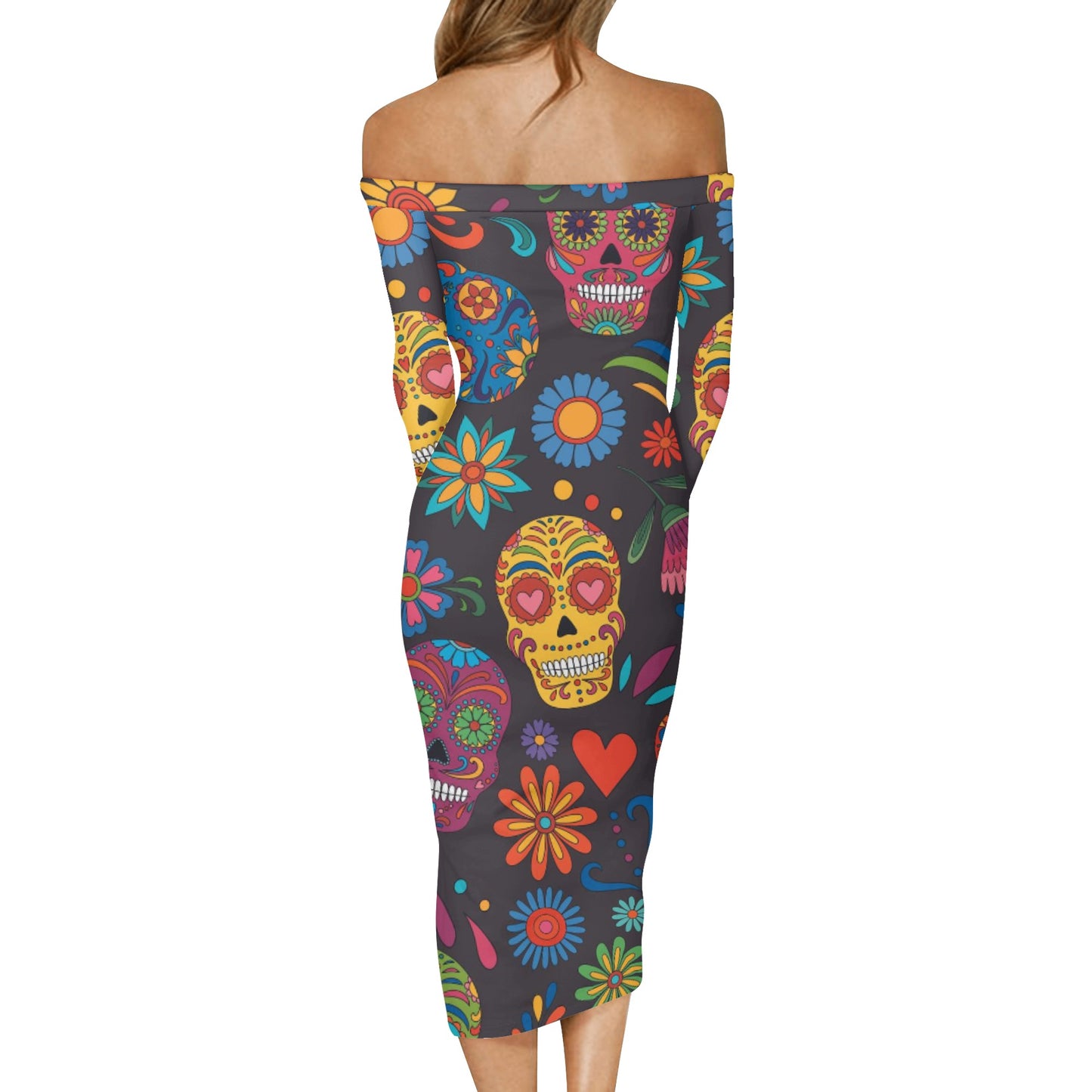 Sugar skull Day of the dead Mexican skull Women's Long Sleeve Off The Shoulder Lady Dress