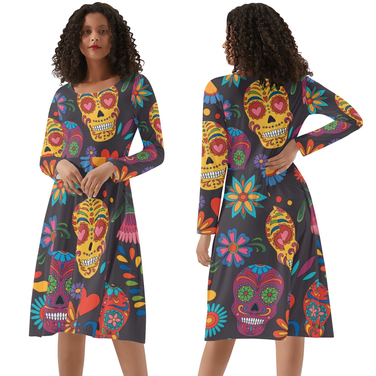 Sugar skull Day of the dead Mexican skull Women's Long Sleeve Ruffle Dress