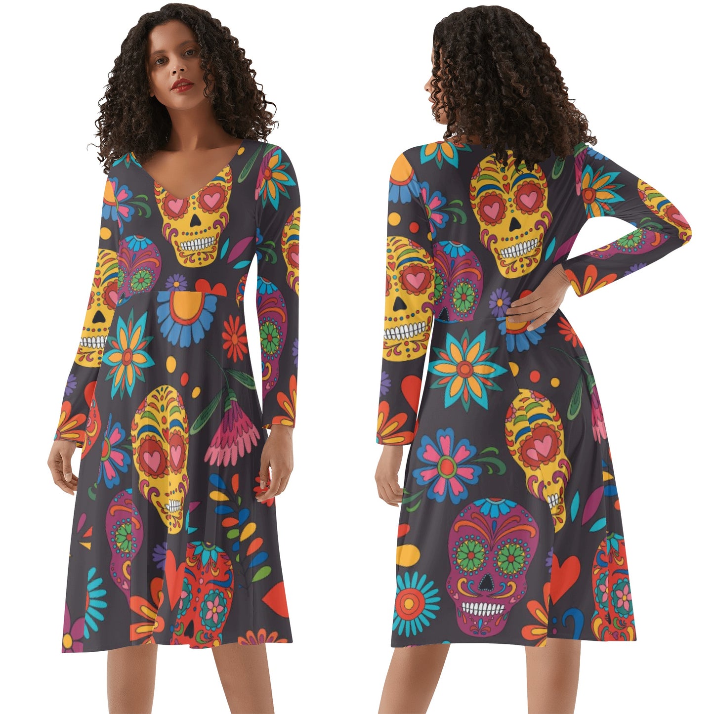 Sugar skull Day of the dead Mexican skull Women's V-Neck Long Sleeve Ruffle Dress