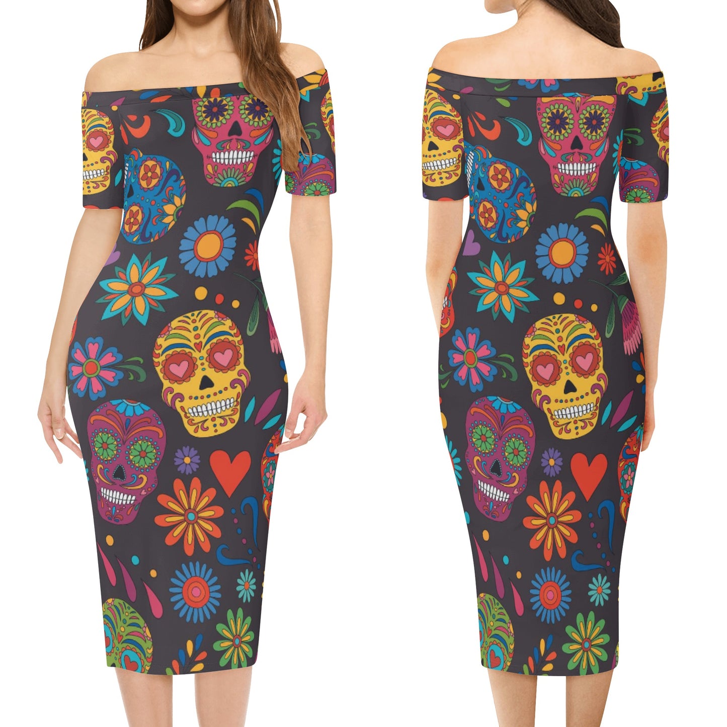 Sugar skull Day of the dead Mexican skull Women's Off The Shoulder Office Lady Dress