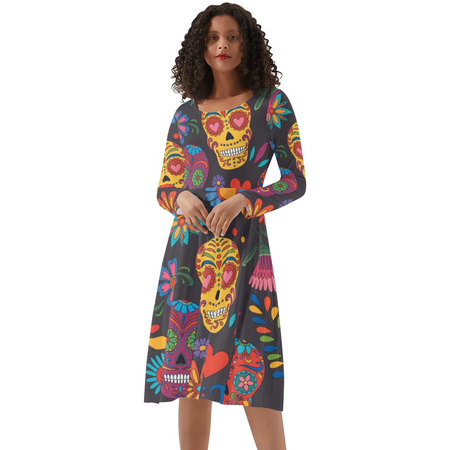 Sugar skull Day of the dead Mexican skull Women's Long Sleeve Ruffle Dress