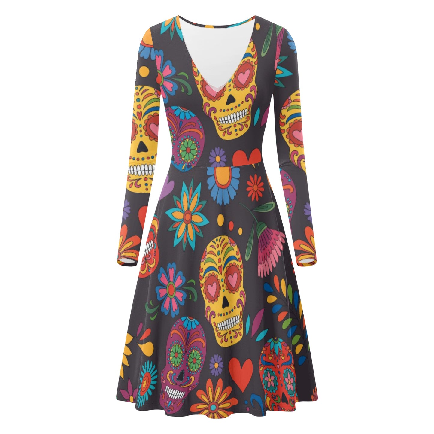 Sugar skull Day of the dead Mexican skull Women's V-Neck Long Sleeve Ruffle Dress